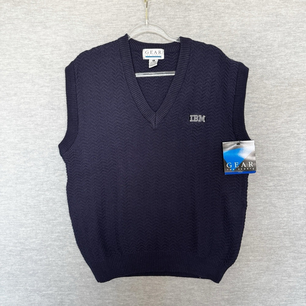 Vintage IBM Logo Sweater Vest Size L Navy Blue Tech Computer Corporate Mens new